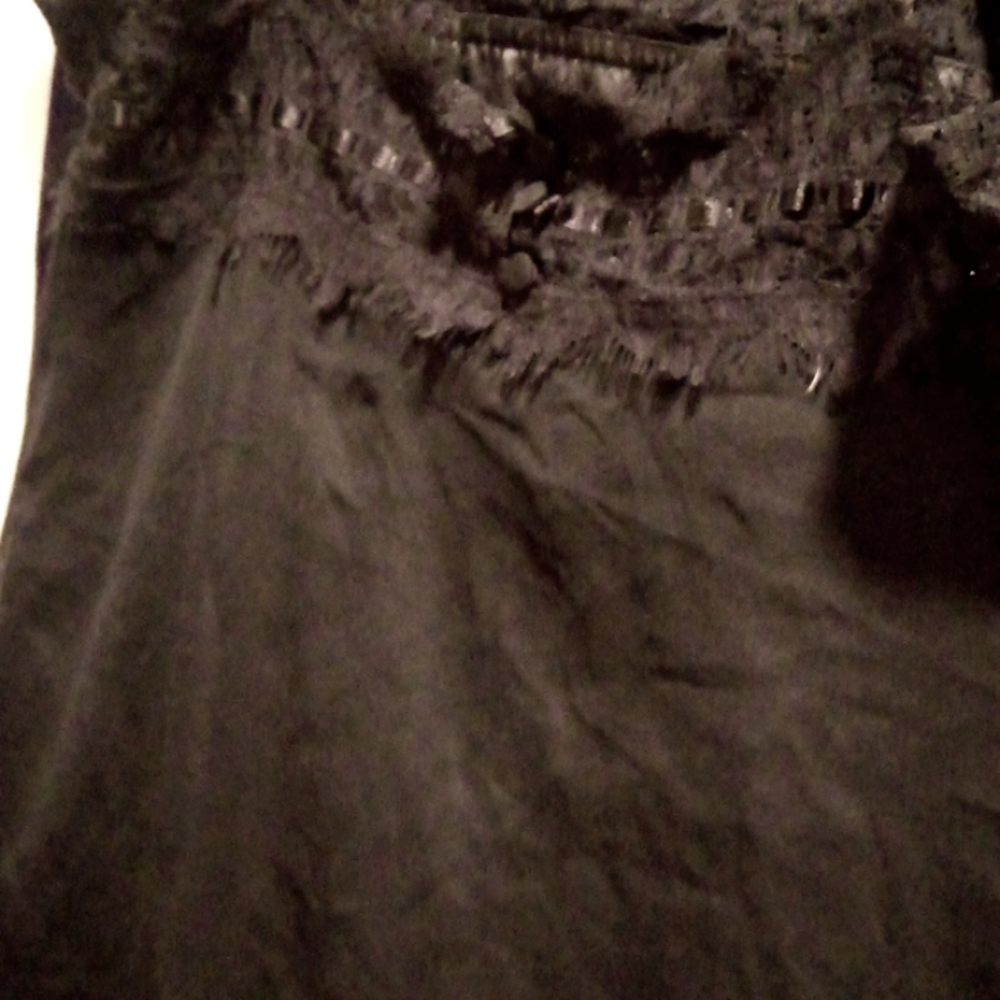 Allen B. Sheer lace and ruffle black silk strap tank top